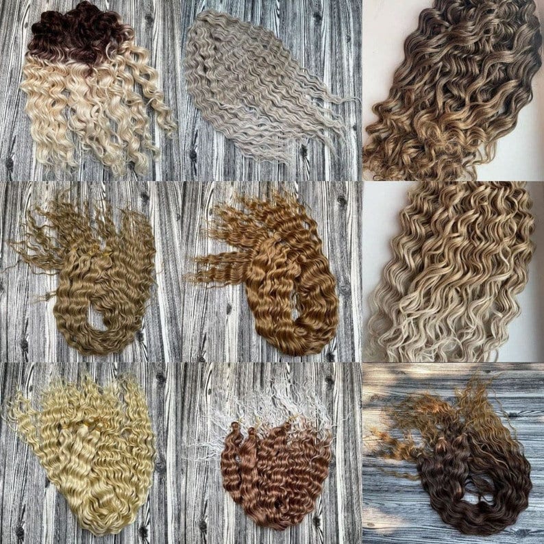 May include: Nine bundles of curly human hair extensions in various shades of blonde, brown, and gray. The hair is arranged in a grid pattern on a wooden background.