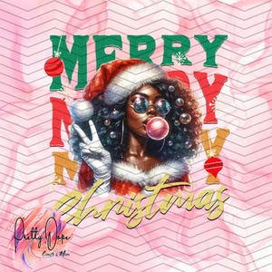 Retro Black Santa Girl, Christmas Blowing Bubble PNG, Vintage Merry Christmas Clipart, Sunglasses, Sublimation DTF Digital Download