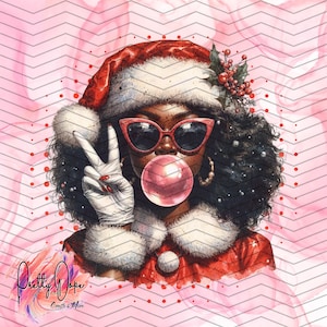 Retro Black Santa Girl Christmas Blowing Bubble PNG, Vintage Merry Christmas PNG, Sunglasses Peace Sign, Sublimation DTF Digital Download