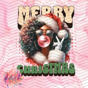 Retro Black Santa girl Christmas Blowing Bubble PNG, Vintage Merry Christmas PNG, Sunglasses Peace Sign, Sublimation DTF Digital Download