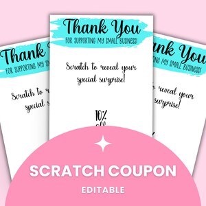 Cartão de cupom EDITÁVEL Teal DIY Scratch Off para impressão para proprietários de pequenas empresas