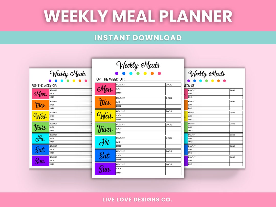Weekly Meal Planner Printable Template - Color/b&w - Etsy UK