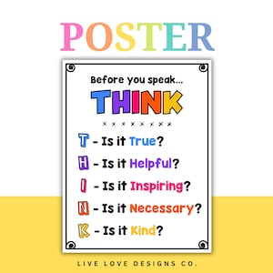 THINK Motivational Kindness Reminder Printable Sign
