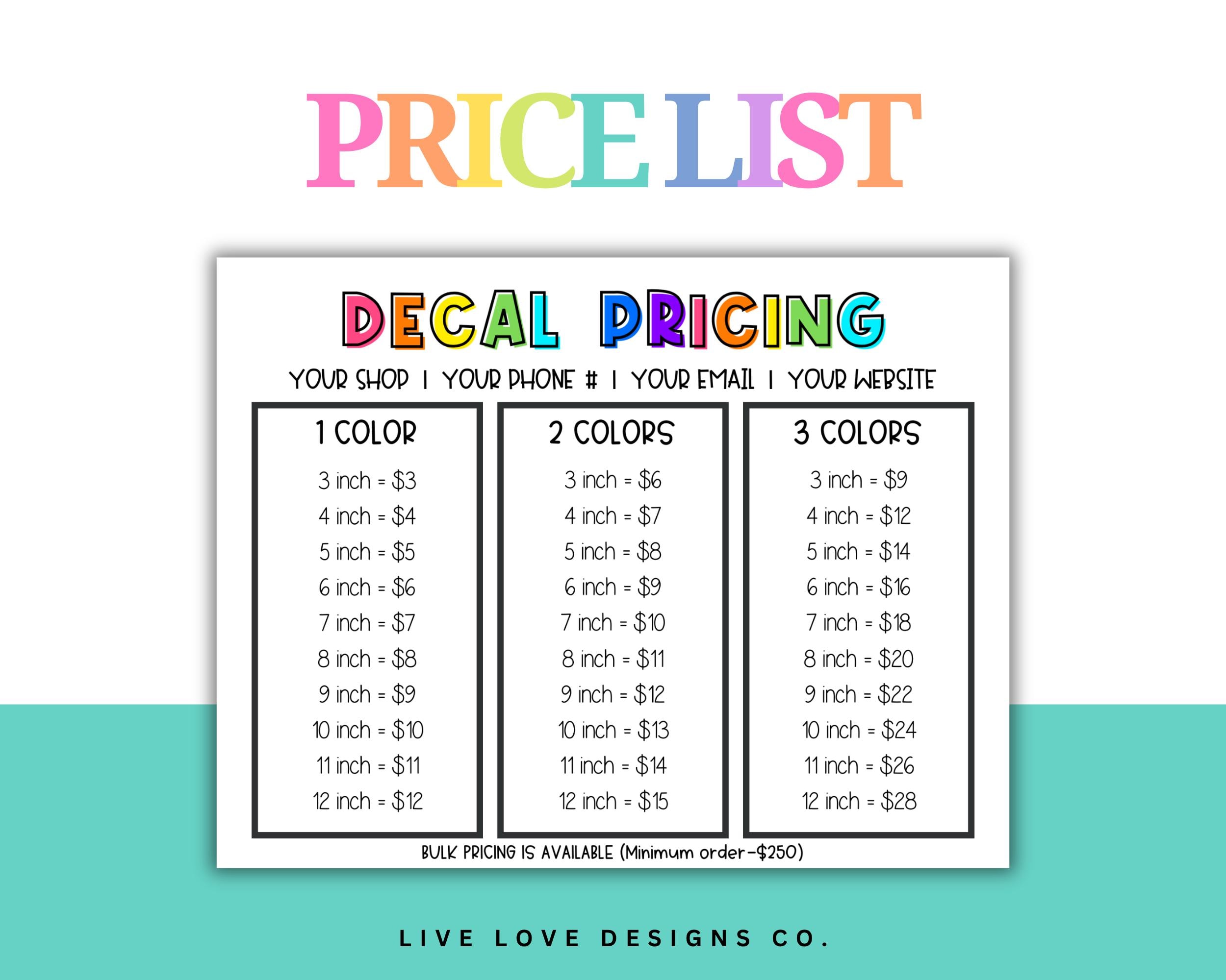 EDITABLE Decal Pricing Price List for Small Businesses - Etsy UK