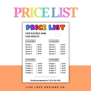 EDITABLE Price List | Price Chart | Small Business Tool