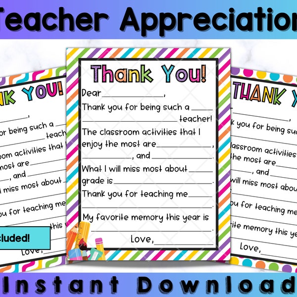 Teacher Thank You Appreciation Note Printable (Digital Download)