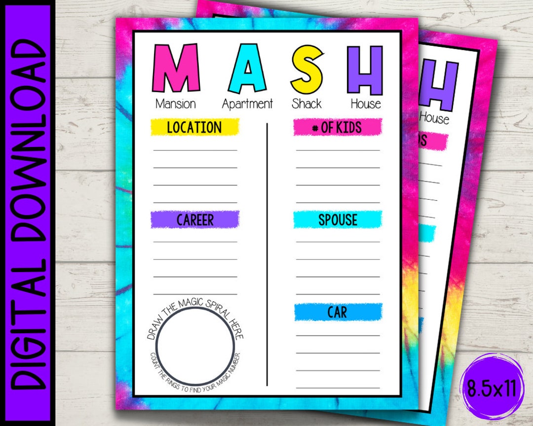 MASH Game Printable Template For Teens Etsy