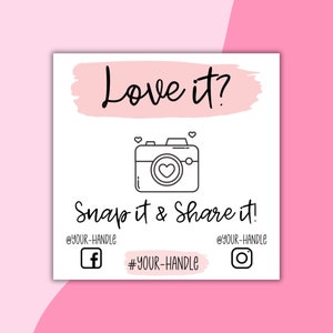 Cartão promocional rosa EDITÁVEL para pequenas empresas Snap It Share It para impressão