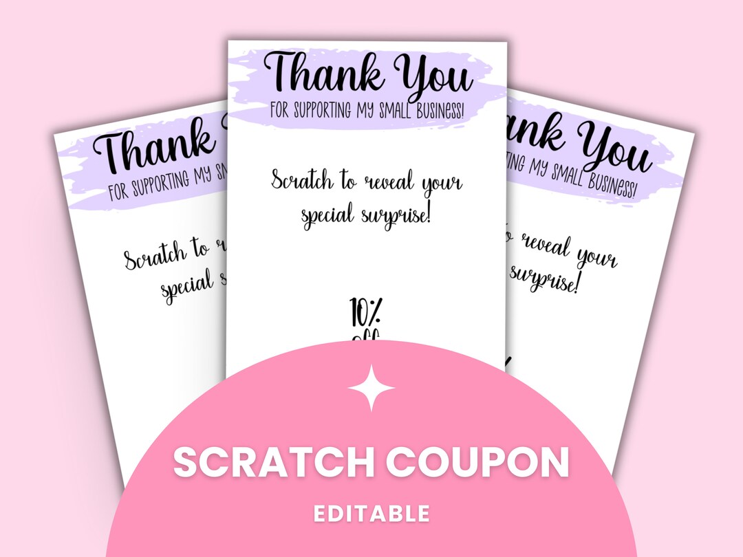 EDITABLE Custom Purple Scratch off Coupon Card Package Insert for Small
