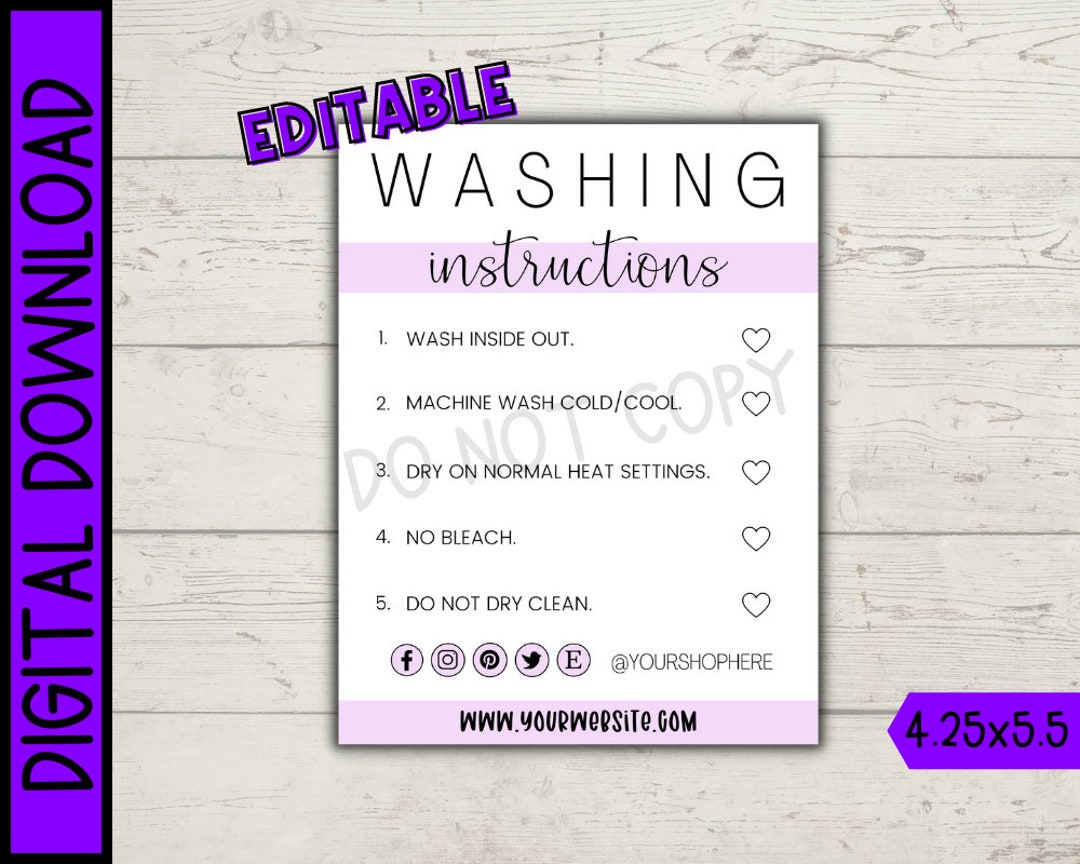 EDITABLE Washing Instructions Purple Care Card Printable for - Etsy