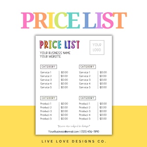 EDITABLE Generic Price List Template for Small Business