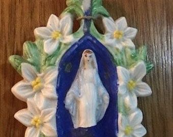 French Antique Benedict Holy Water Font Our Lady, Mary Mother of God.
