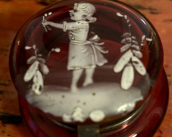 Antique Trinket / Jewellery Box Hand Painted Ruby Glass