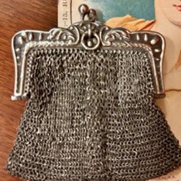 Antique French Sterling Silver Chatelaine Chainmail Coin Purse DOUBLE COMPARTMENT