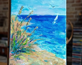 Sailboat painting, ship painting canvas, sail painting, a beach , coastal painting, seascape painting, landscape painting on canvas.
