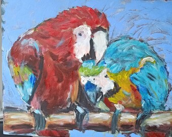 Painting  tropical Ara parrots Original art. Present. Gift for her. Wall art,wall decor,art homedecor, living room, modern art.