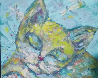 Cat Painting Amelia MoonART Love art, Original Painting,Gift for her, Pet Loss Art, 40x40x2cm.