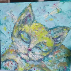 Peinture de chat Amelia MoonART Love art, peinture originale, cadeau pour elle, art de la perte d'un animal de compagnie, 40 x 40 x 2 cm.
