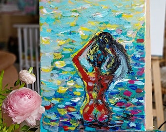 Naked woman Mermaid painting Out of the Blue  Open water swimming, wild swimming. Underwater swimmer Pretty Woman Modern Art.