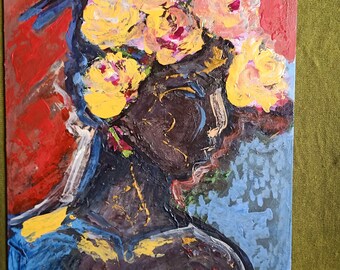 Nude African woman painting, naked, yellow roses original art, handmade, gift for him, Wall art,wall decor, art homedecor, bedroom.