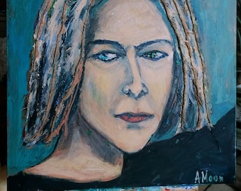 David Bowie painting,  Rock musician portrait, AmeliaMoonART,  Wall art Decoration ,Original Artwork 50x50x4cm.