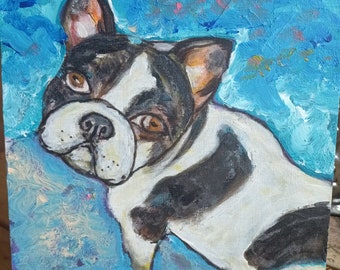 Peinture de chien sur toile bouledogue français. Oeuvre originale. Portret pour animaux de compagnie. Présent. Cadeau. Décoration murale.