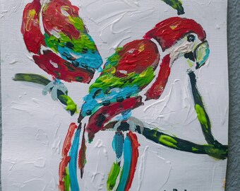 A couple of parrots Art Bird painting Bird home decor, wall art, gift for her, Wildlife Modern art 15x21cm.