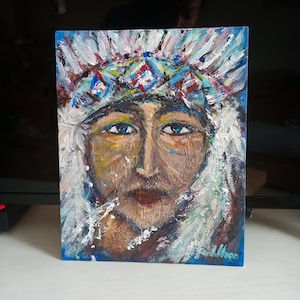 Pintura indios nativos americanos retrato opperhoofd Arte original Regalo para él, Obra de arte Arte decoración del hogar Arte moderno.