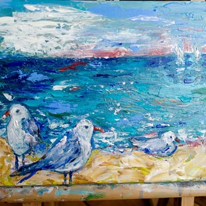 Seagulls and sailboats on the seashore painting, Original art,Present. Gift for him, wall art, wall decor, art homedecor, handmade.