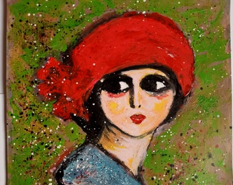 Painting Lady in red hat by AmeliaMoonART, Original  art. Acrilic on paper. Present. Gift for her, Wall art. Wall decor.