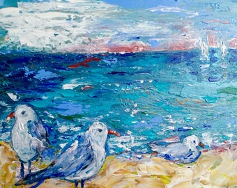 Seagulls and sailboats on the seashore painting, Original art,Present. Gift for him, wall art, wall decor, art homedecor, handmade.