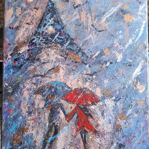 Couple in Paris Painting, Original Artwork, Romantic Canvas Eiffel Tower Art Paris Wall Art Parisian Decor, AmeliaMoonART.