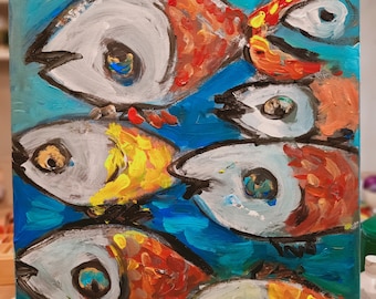 Abstract Gold fish  on canvas, Original Art  acrylic  painting,Fish Nautical, Wildlife , Marine Fine Art, modern art.