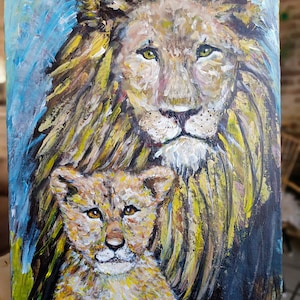 Lioness and lion cub, mother and baby painting, original art, present, gift for him, art homedecor, wall decor, living room, Africa.