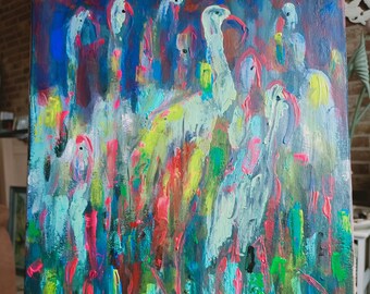 Abstract flamingos birds painting, AmeliaMoonART gift , wall decor, art homedecor, moden art 30x40x1cm.