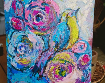 Flowers roses and birds/painting/original art/acrilic/present/gift