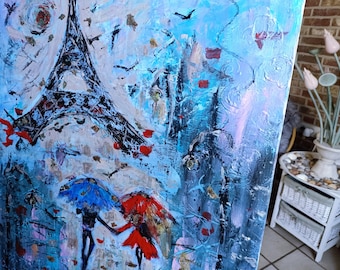 Lovers in Paris  painting AmeliaMoonART  Love, couples under umbrellas handmade,wall decor, art homedecor, living room 60sm-80sm-2cm
