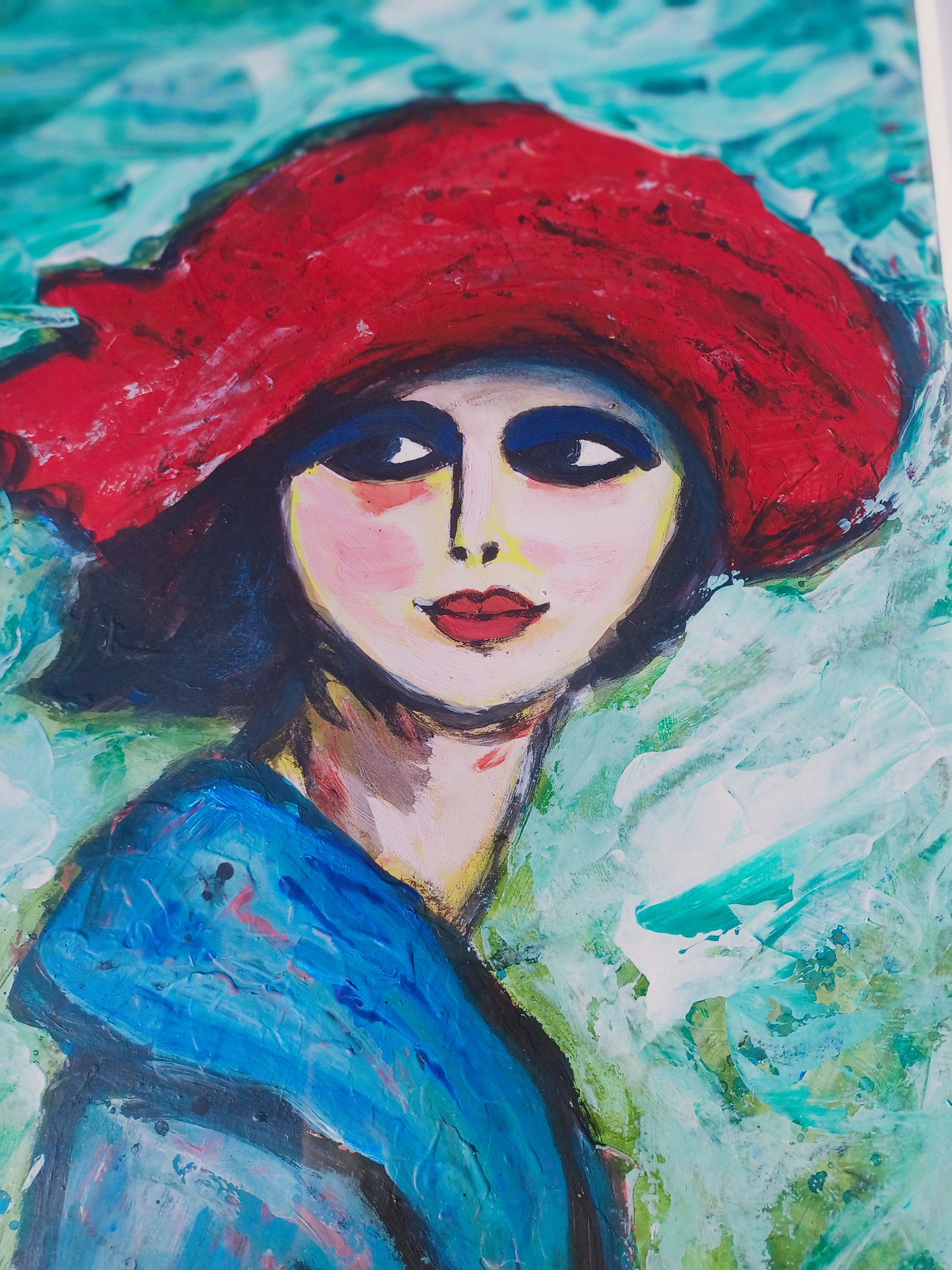 Woman in red hat Lady in red painting Original artModern | Etsy