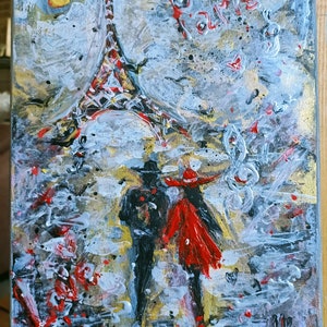 Couple in Paris Painting, Original Artwork, Romantic Canvas Eiffel Tower Art Paris Wall Art Parisian Decor, AmeliaMoonART, 24x30x2cm.