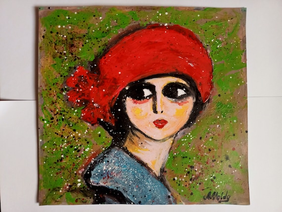 AmeliaMoonART による赤い帽子をかぶった女性の絵画、オリジナル