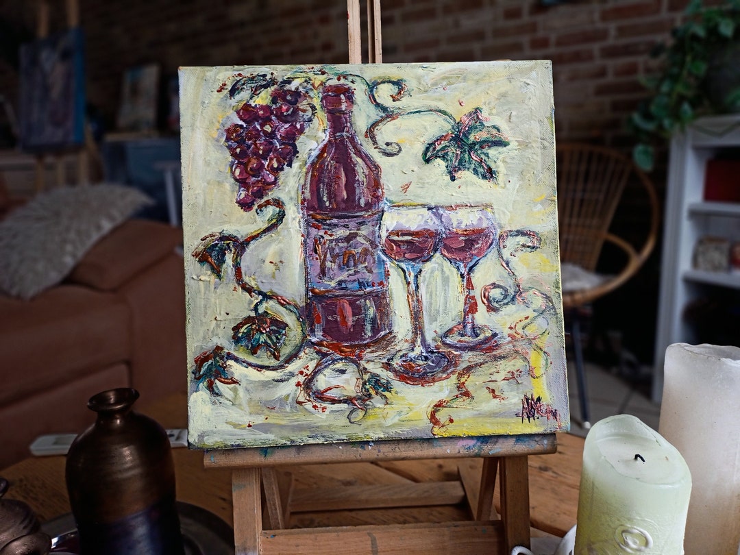 Abstract Wine Painting Canvas Impasto Wall Art Glasses of Wine Etsy