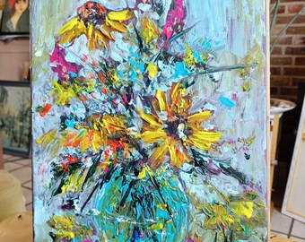 Impasto Sunflowers Painting on Canvas, Original Artwork, AmeliaMoonART, 25x35x2cm, WImpomen Gift.