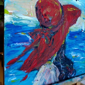 Femme au chapeau rouge, peinture de dame au chapeau rouge, oeuvre d'art originale faite main vintage Style oeuvre d'art rétro art belle femme