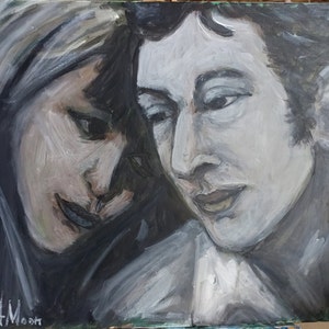 Serge Gainsbourg & Jane Birkin schilderij, «Je t&#39;aime... moi non plus&quot;, Lovers in Paris AmeliaMoonART (40-50-2sm).