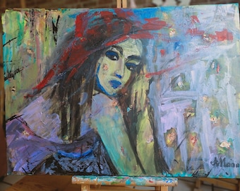Lady in red hat Art Work Painting Original Art Paris Love Modern Art 70x50x2cm.