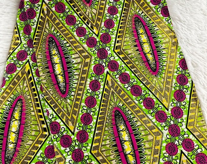 Pink & Green Ankara Fabric, 6 Yards Cotton African Print with Headwrap