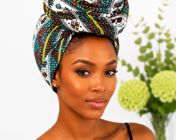 Red Green and White African Print Headwrap,African Headwrap 22 x 72 Inches, Ankara Head Wrap for Women, African Print Hair Scarf, Long Cott