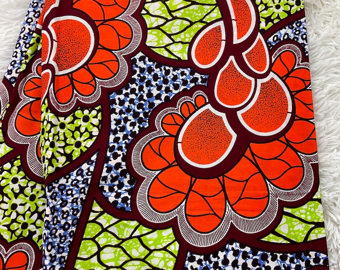 African Fabric/African prints/ Ankara orange fabric/ Wax print/ African fabric for decor/ African fabric for crafts/African headwrap/MK596