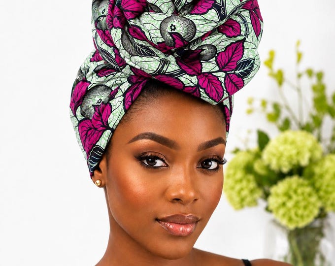 Green Pink African Print Headwrap,African Headwrap 22 x 72 Inches, Ankara Head Wrap for Women, African Print Hair Scarf, Long Cott