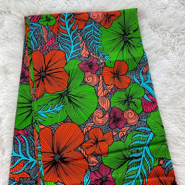 African Fabric/Ankara Fabric/Ankara Fabric By The Yard/African Fabric 6 Yards/Green and Orange Ankara Fabric/Mudcloth Fabric /FG88t